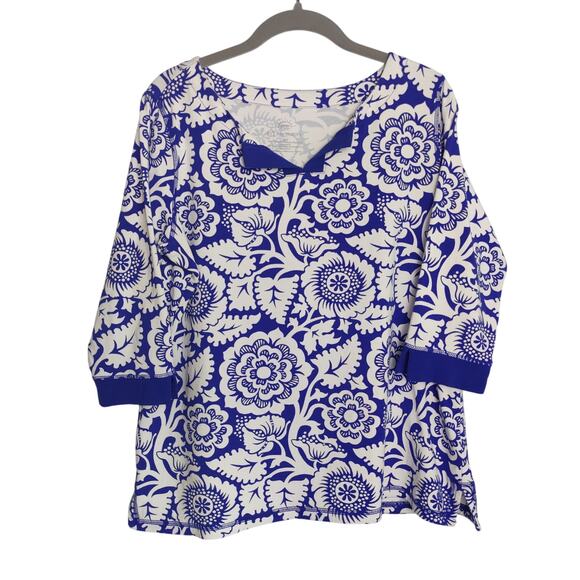 T by Talbots Women's Plus Sz 1X Petite Blue White Floral Top UPF Stretch Bamboo - Picture 1 of 6